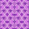 Mardi Gras seamless pattern; purple carnival masks and heraldic lilyes.